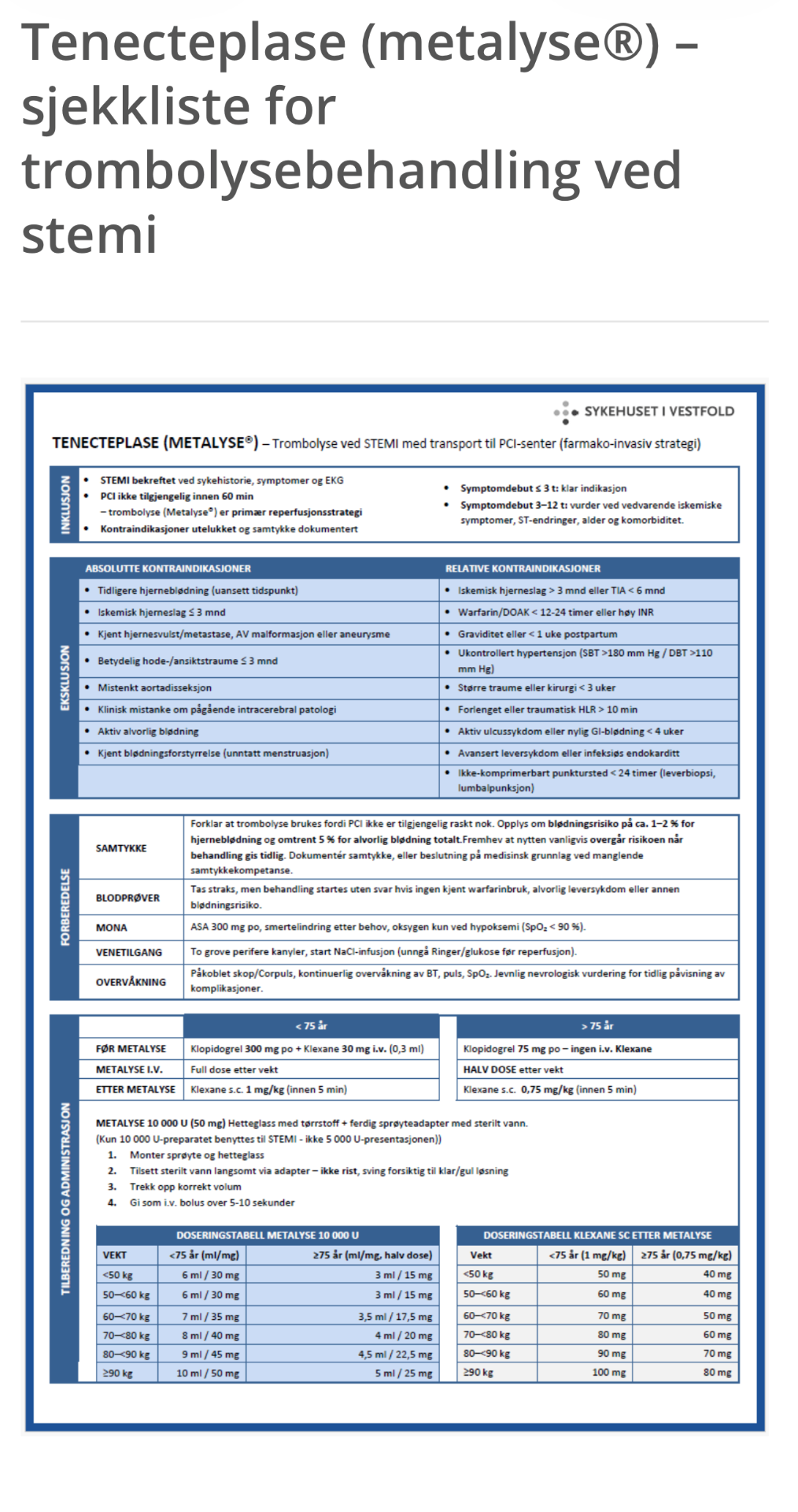 Tenecteplase (Metalyse) — sjekkliste for trombolysebehandling ved STEMI